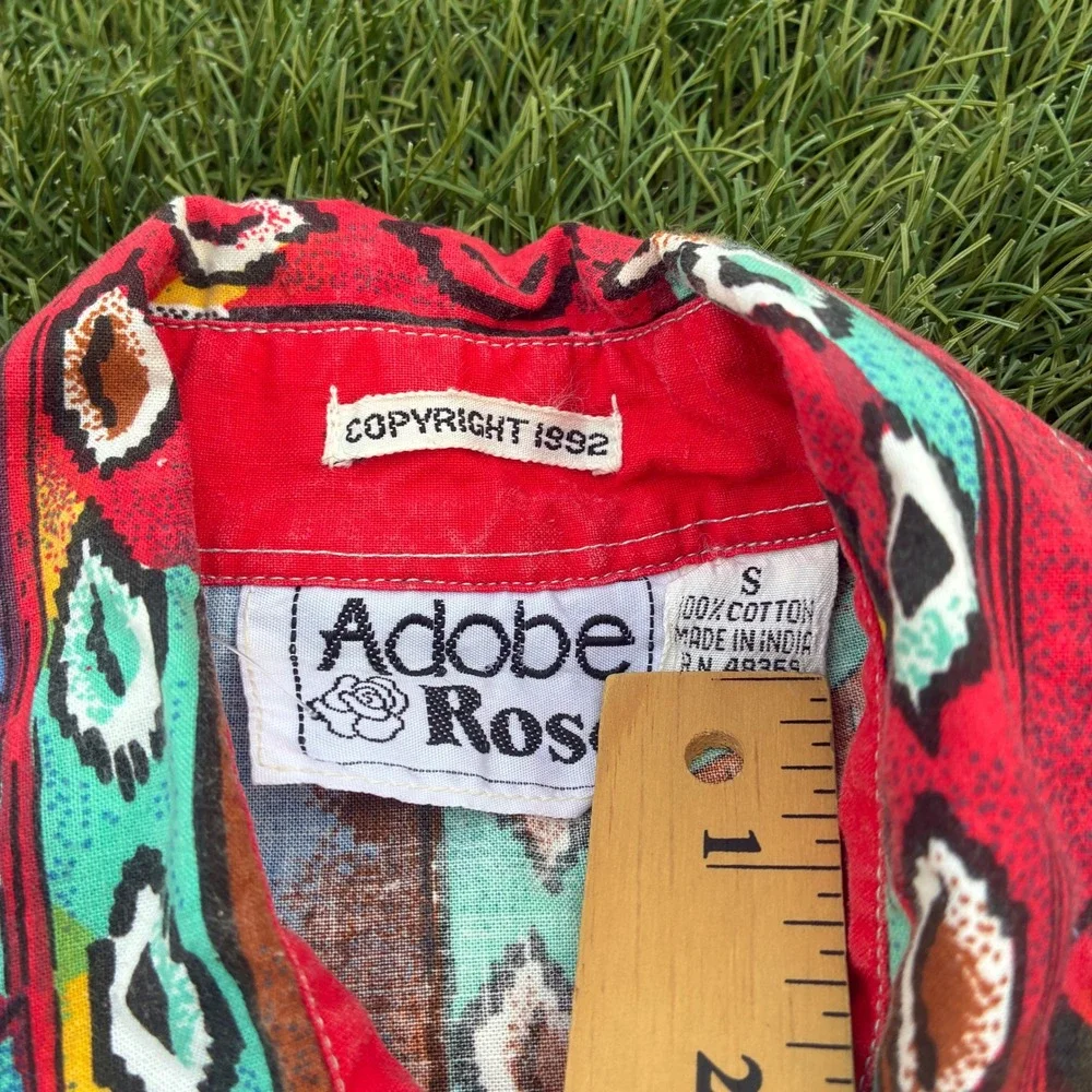 Vintage Adobe Rose Shirt Mens Small Multicolor Abstract Aztec Southwestern Rodeo